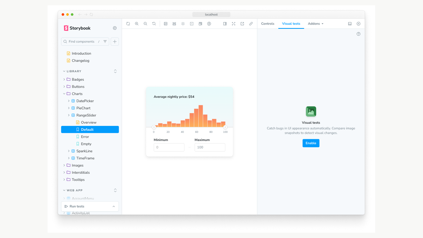 Storybook’s component preview beside the visual-test panel.