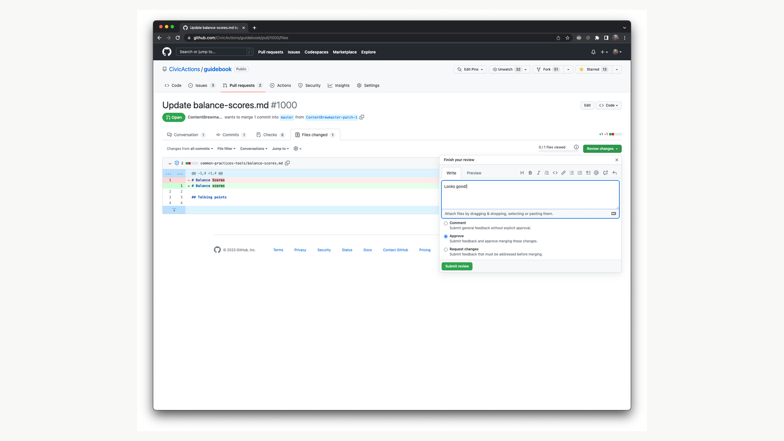 GitHub pull-request review with Comment, Approve and Request changes options.