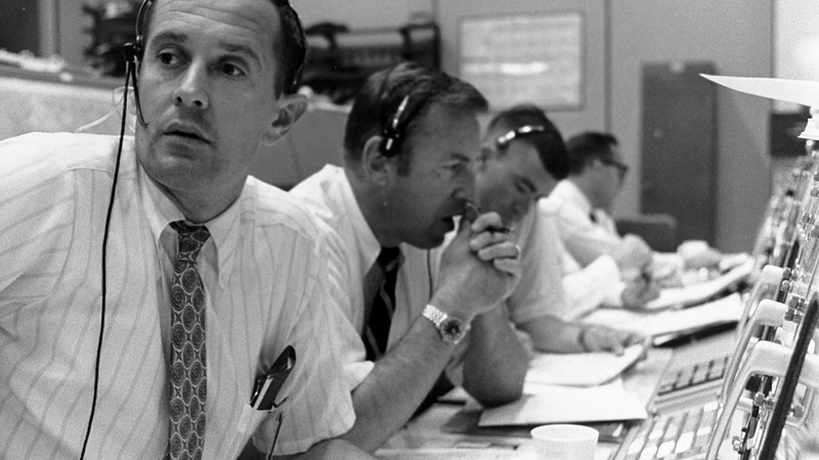 Apollo 11 flight controllers in Mission Control during the lunar module descent in 1969.