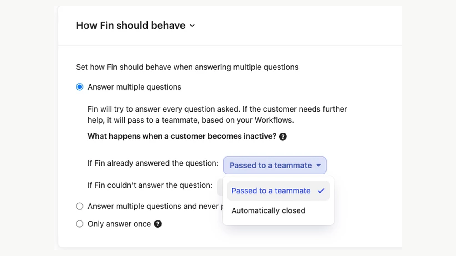 Intercom Fin configuration defining when an inactive conversation passes to a teammate.