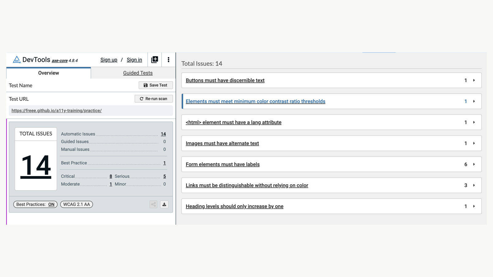 axe DevTools reporting accessibility issues grouped by severity.