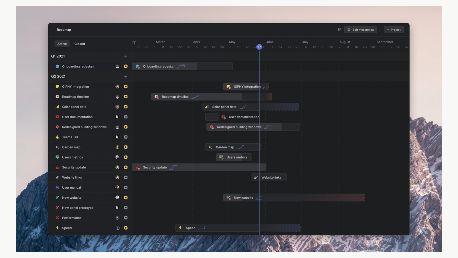 Linear’s published roadmap timeline example with project bars and milestones.