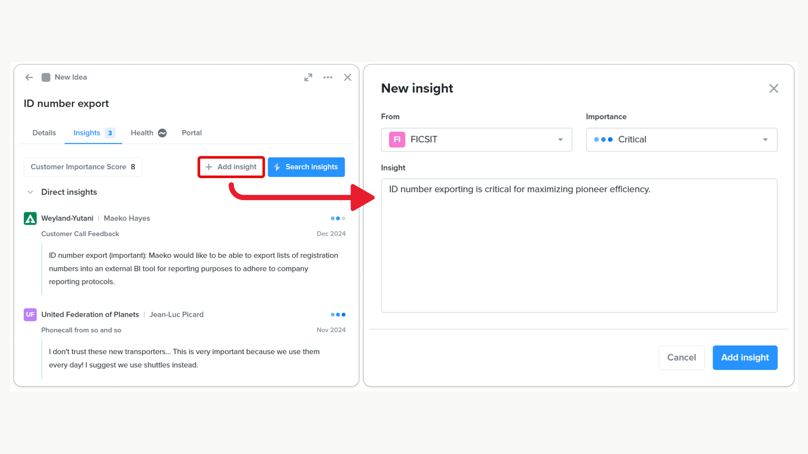 Productboard’s published feature-detail example linking sample customer insights to a feature idea.